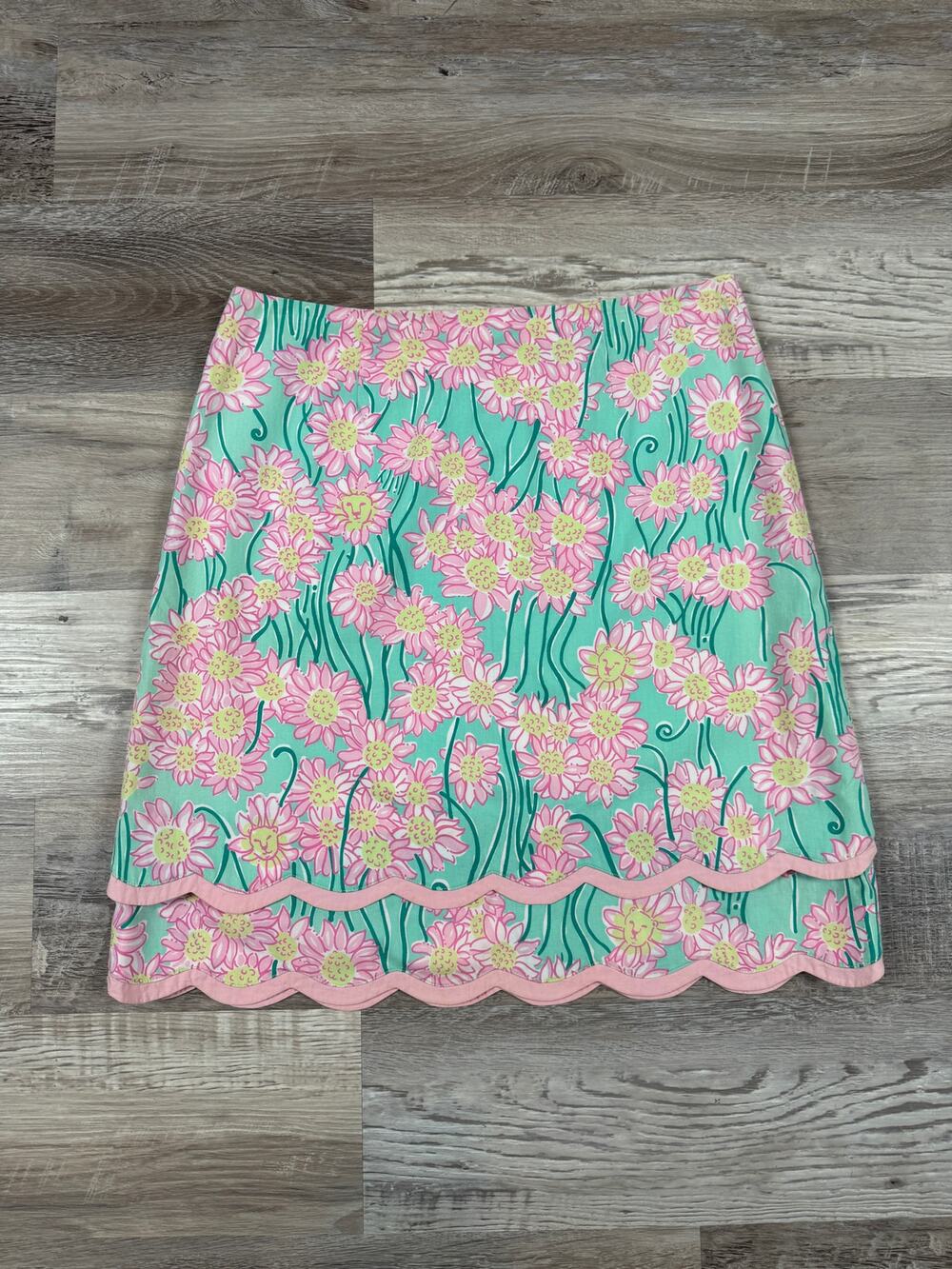 Vintage Y2K Lilly Pulitzer Pink Green Floral Scalloped Hem Cotton Mini Skirt 6